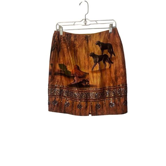 Vintage 100% Silk Cheetah and Jaguar Desert Print Sequin Mini Skirt Size 10 Peti - Picture 7 of 7